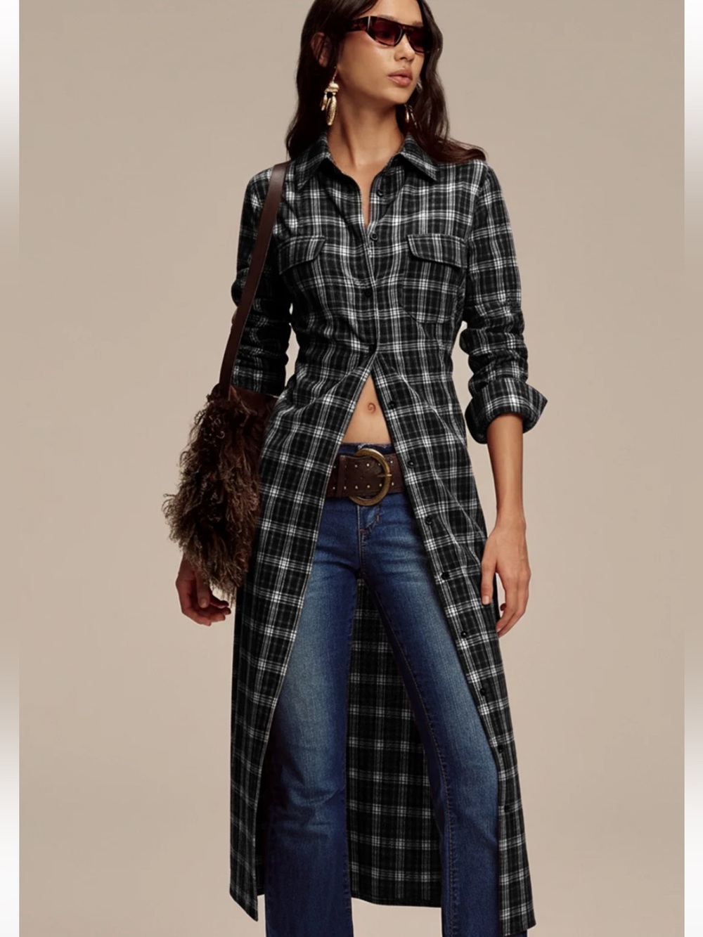 Commense Long Black Plaid Shirt Dress Size XL NWT